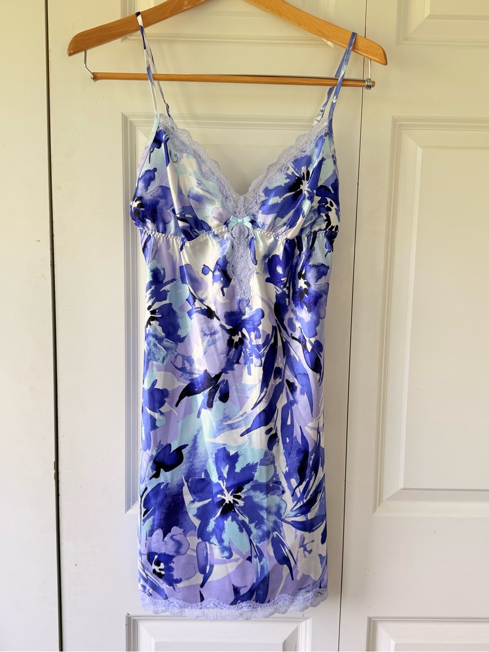 Lavender and Blue Floral Satin Lace-Trim Chemise